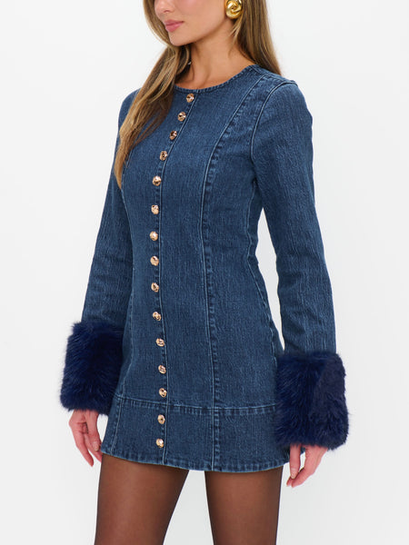 Rockefeller Mini Dress in Subzero Indigo Faux Fur