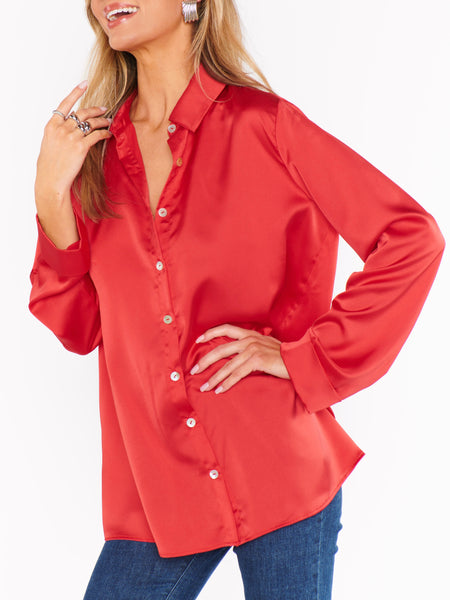 Smith Button Down in Red Luxe Satin