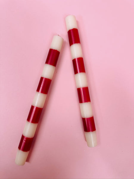 Striped Taper Candle Set of 2 in Red/White