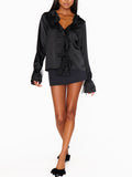 Adela Ruffle Top in Black Luxe Satin