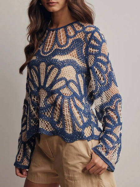 Floral Crochet Sweater in Blue