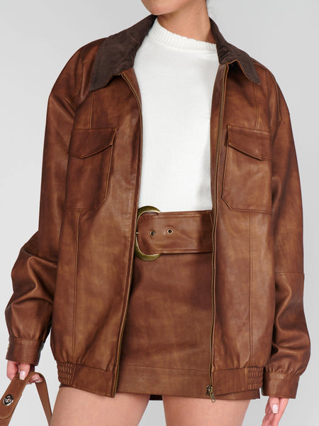 Maverick Bomber Jacket in Chestnut Brown Faux Leather