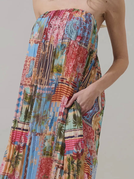 Melani Pleated Maxi Dress in Tropical Blues