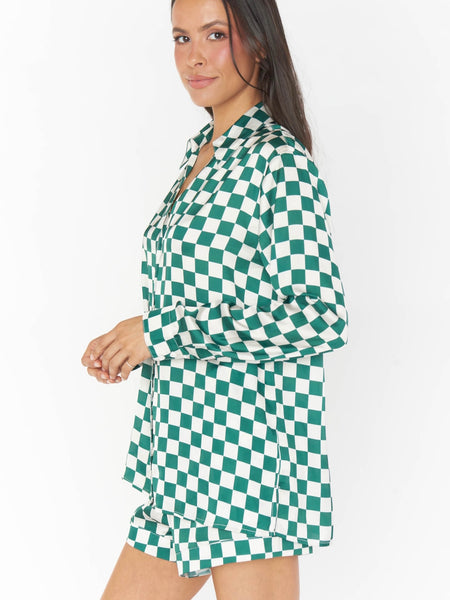 Early Riser PJ Set in Green Checker Silky