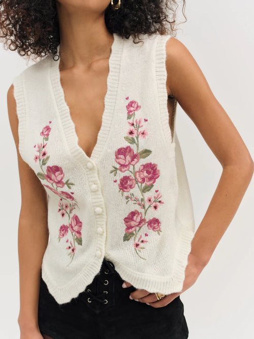 Molly Embroidered Sweater Vest in Cream
