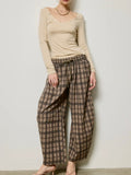 Pursuing Plaid Barrel Pants in Brown
