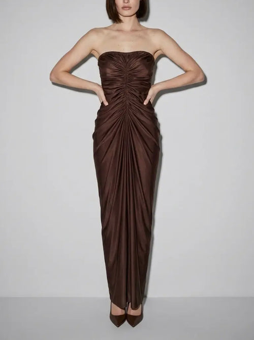 Liquid Mousse Shirred Dress in Brown