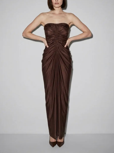 Liquid Mousse Shirred Dress in Brown