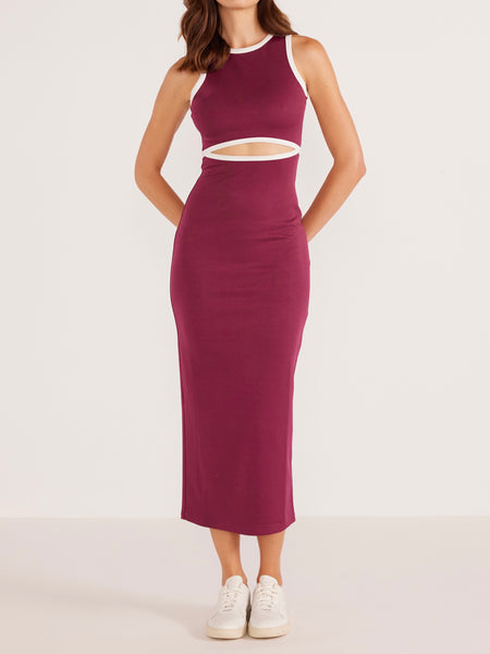 Stacy Contrast Bind Midi Dress in Plum