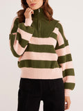 Darcy Quarter Zip Jumper in Khaki Stripe