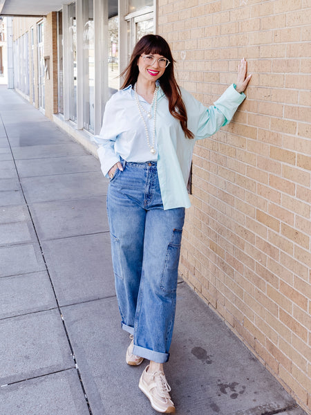 My Other Side Button Up in Mint Combo