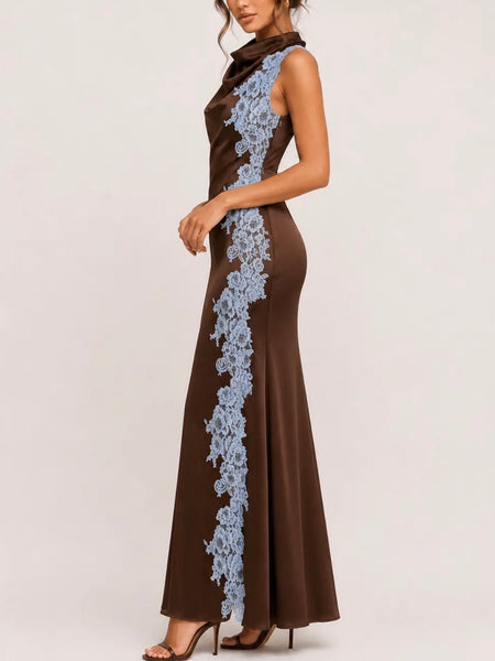 In Outer Lace Maxi Dress in Chocolate & Blue
