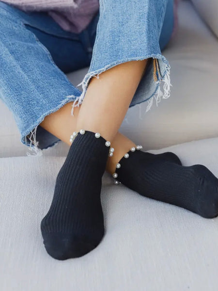 Pearl Trim Socks in Black