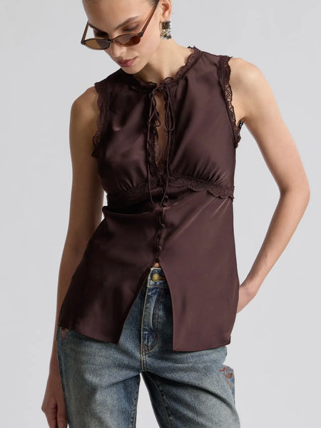 Satin Keyhole Empire Top in Russet