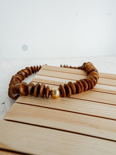 Heishi Bone Bead Necklace in Brown Hammered Ball