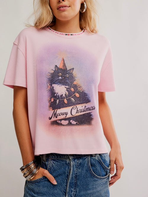 Merry Meowy Tee in Pink Combo