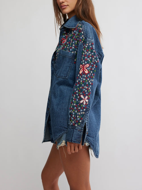 Rainbow Embroidered Denim Shirt in Rinse Wash