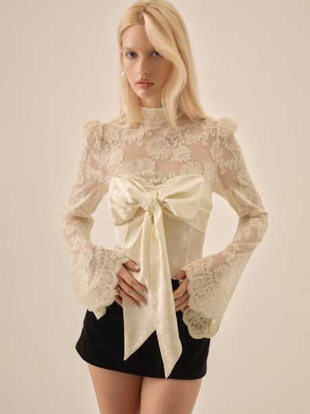 Corded Lace Silk Jacquard Bodysuit in Cream