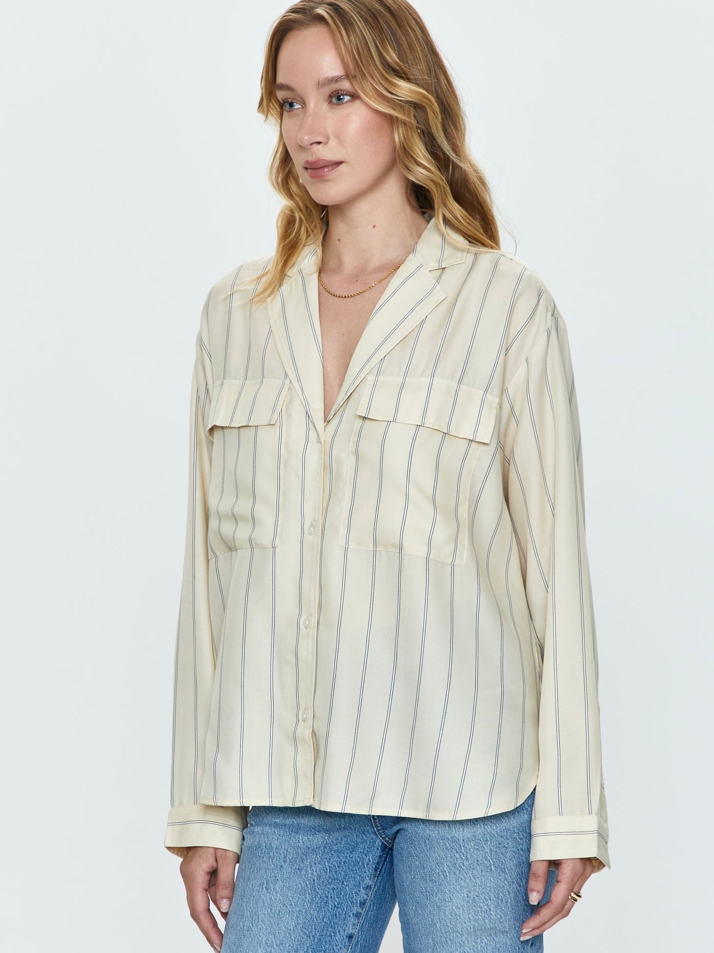 Irene Button Up in Tan Wide Stripe – Staxx