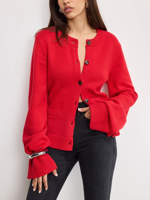 Button Front Knit Cardigan in Chili
