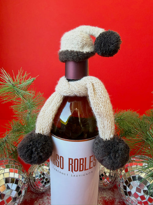 Bottle Hat & Scarf in Ivory & Brown Pom