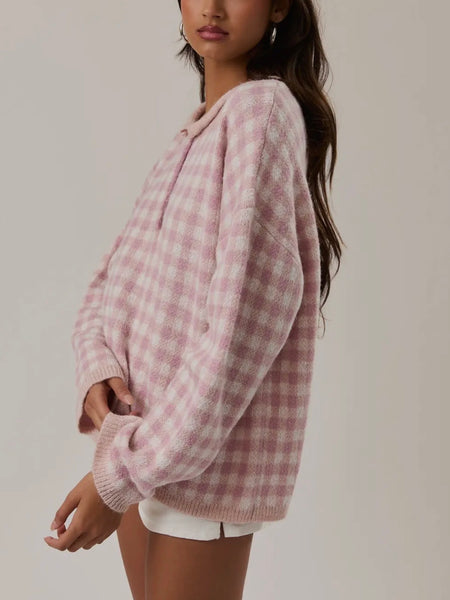 Get With Gingham Henley Sweater in Pink