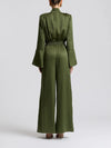 Tie Neck Satin Jumpsuit in Olive