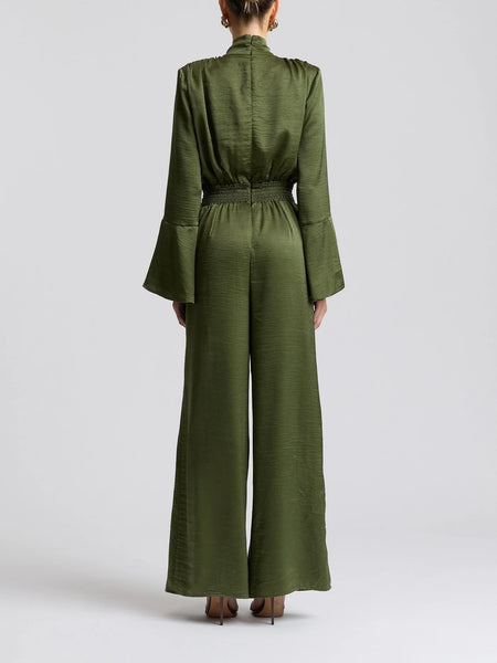 Tie Neck Satin Jumpsuit in Olive