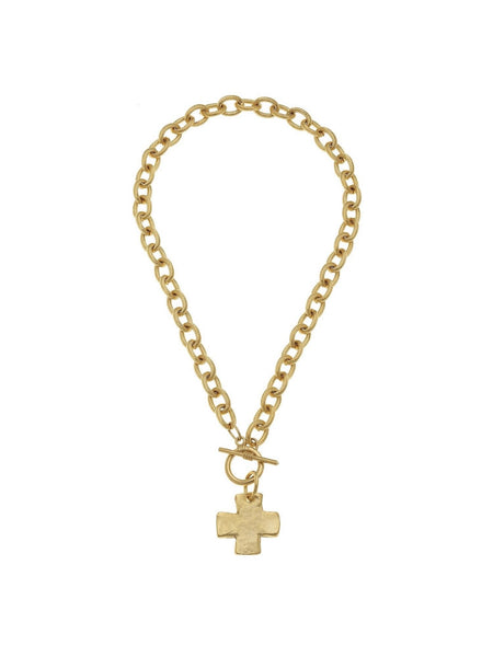 16" Handcast Gold Cross Front Toggle Necklace