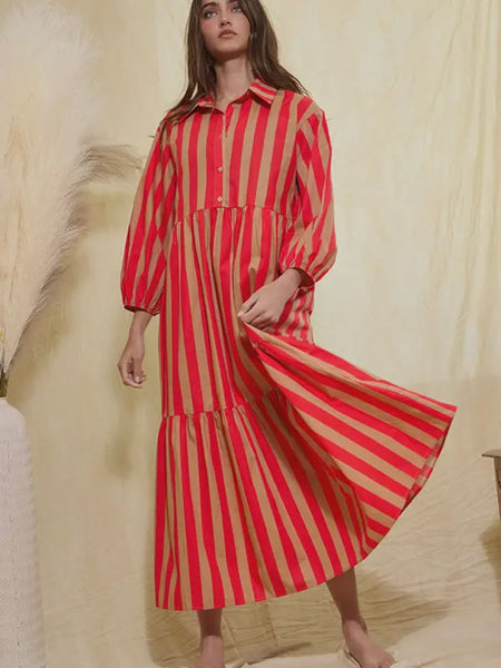 This Stripe, That Stripe Dress in Red & Taupe