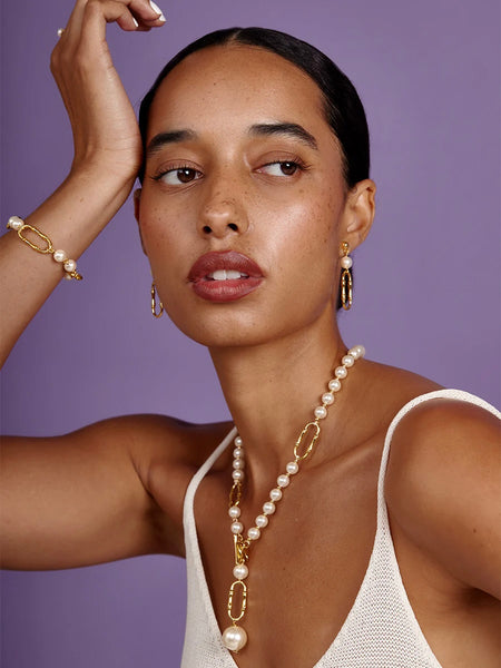 Bamboo Link Lariat Pearl Necklace