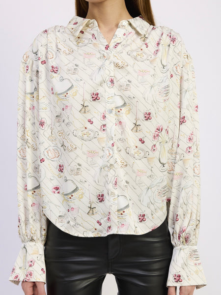 Dinner Party Button Up in Ivory & Pink