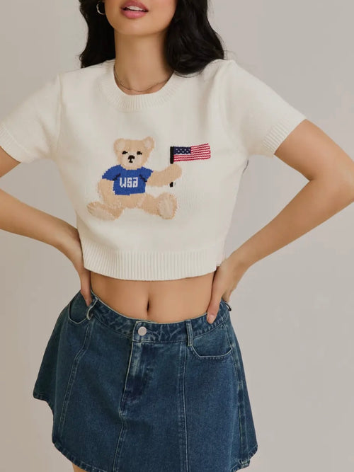USA Teddy Bear Knit Top in White