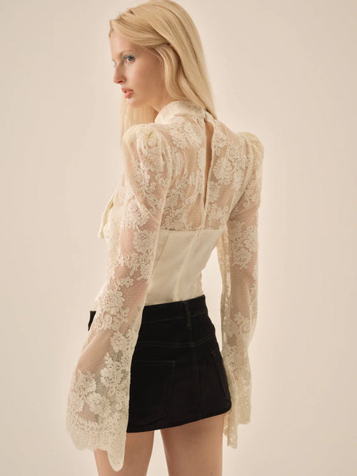 Corded Lace Silk Jacquard Bodysuit in Cream