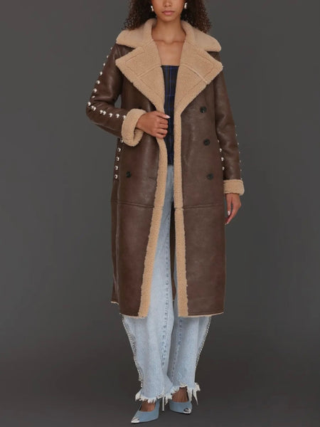 Studded Faux Shearling Coat in Brandy