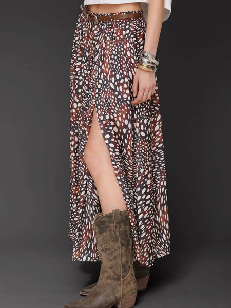 Belted Cheetah Print Maxi Skirt in Brown