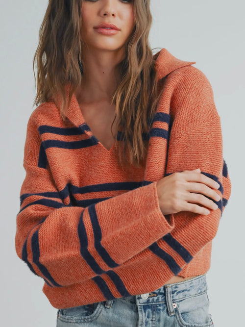 Crop & Roll Sweater in Rust & Navy