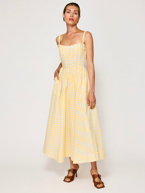 Junie Corset Midi Dress in White & Yellow