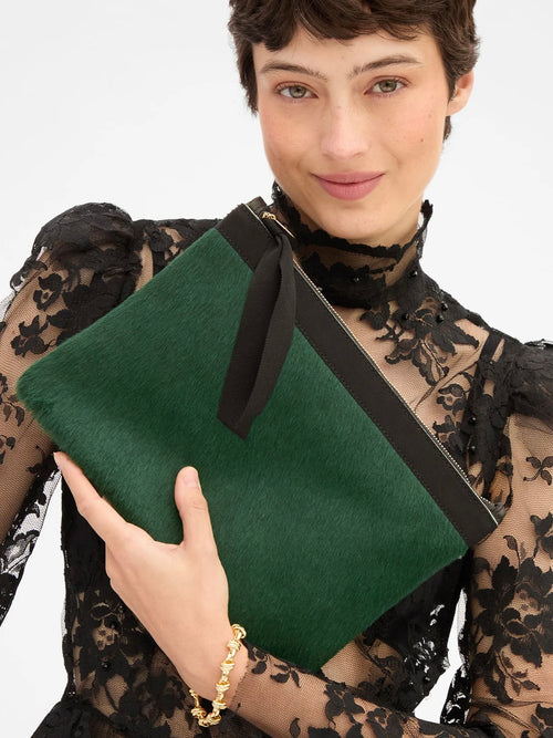 Flat Clutch in Bottle Green Hair-On