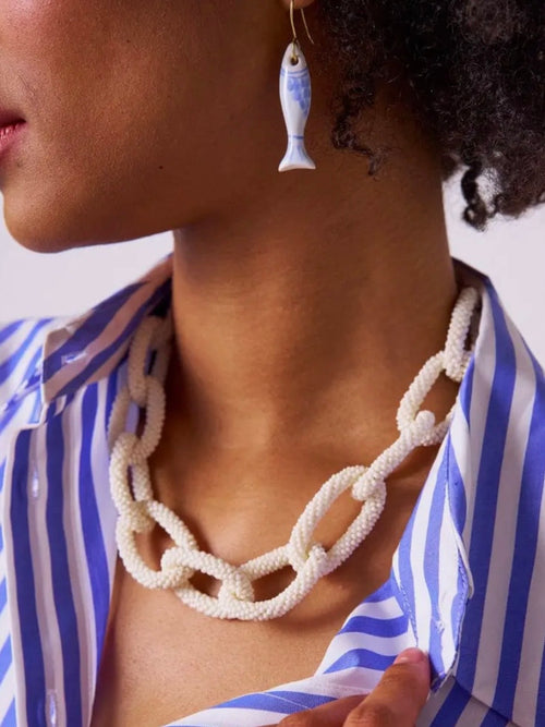 Jenna Chain Link Beaded Necklace in Ivory