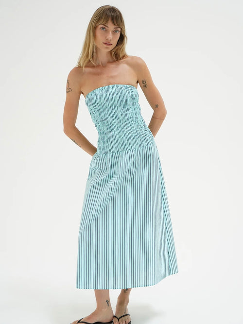 Kapaia Strapless Dress in Teal Stripe