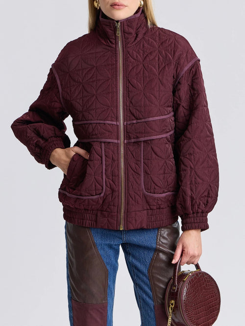 Quilted Funnel Neck Oversized Bomber in Plum