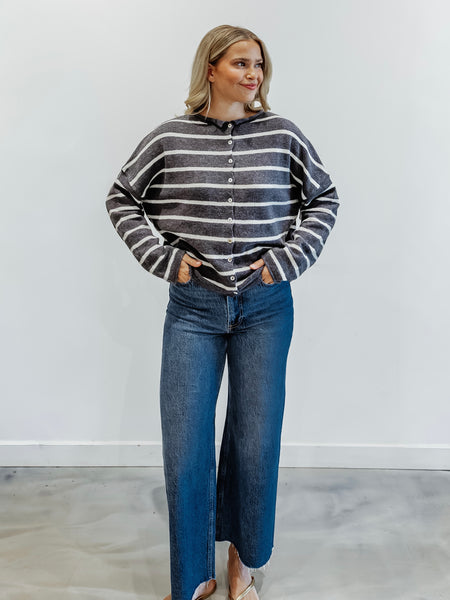 Piper Cabana Stripe Cardigan in Grey & Ivory