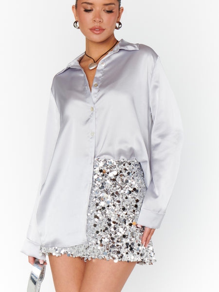 Smith Button Down in Silver Luxe Satin