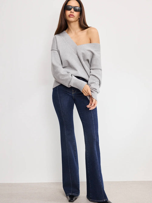 Knit Deep V Sweater in Melange Grey
