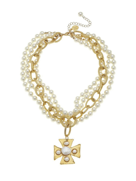 Maltese Cross Pearl Necklace