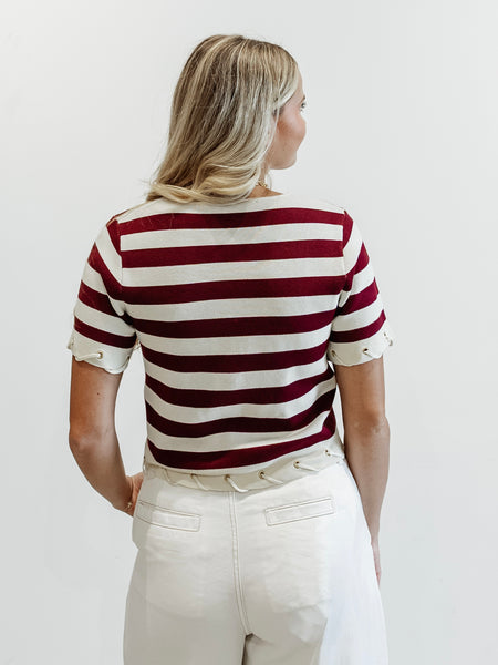 Knit Stripe Rope Embellished Top in Burgundy