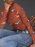 Equine Printed Mesh Long Sleeve Top in Stampede