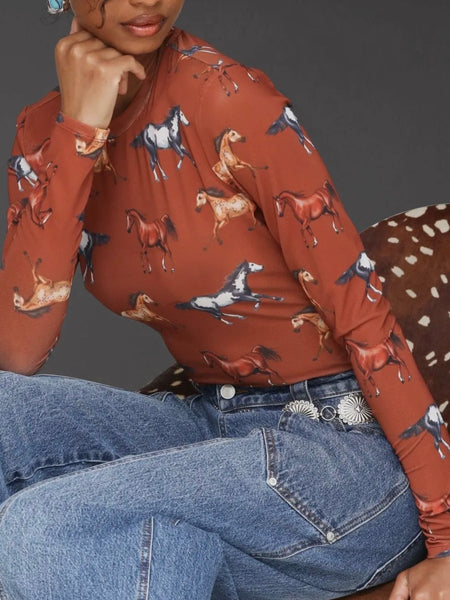 Equine Printed Mesh Long Sleeve Top in Stampede