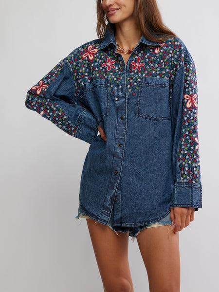 Rainbow Embroidered Denim Shirt in Rinse Wash
